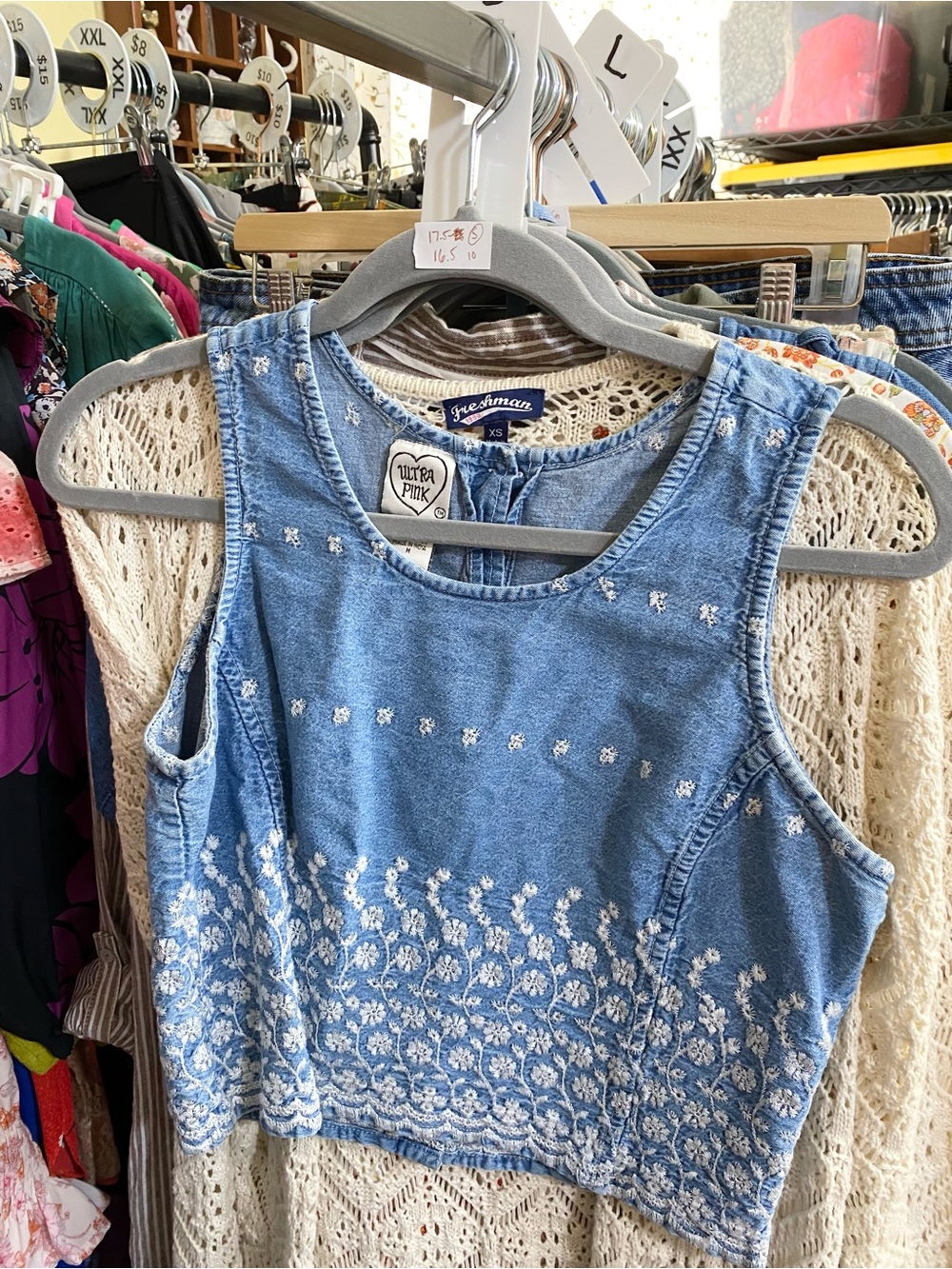 VTG ultra pink denim embroidered button back crop top tagged M runs S 17.5” ptp